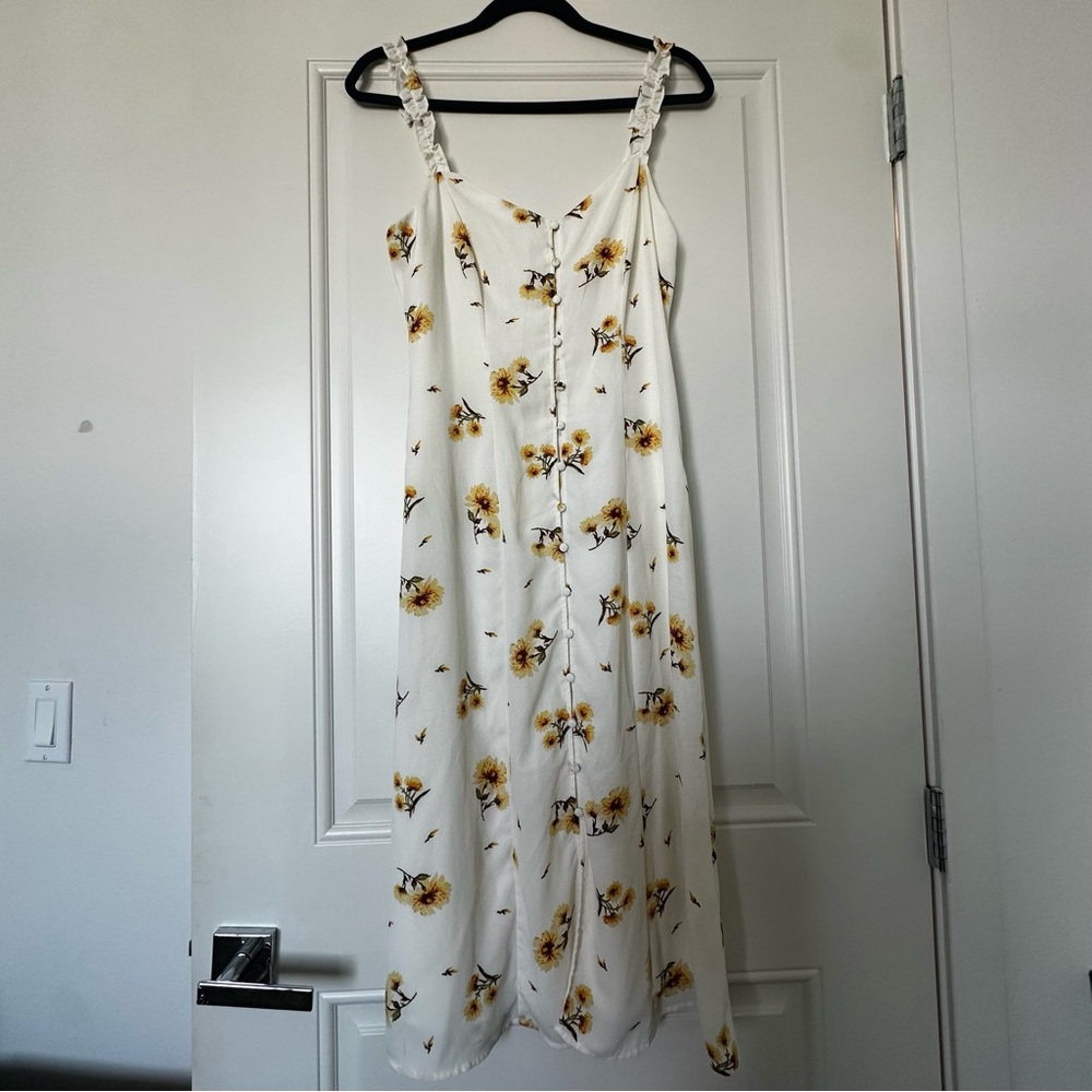 Button-Front White Maxi Dress with Yellow Floral Print